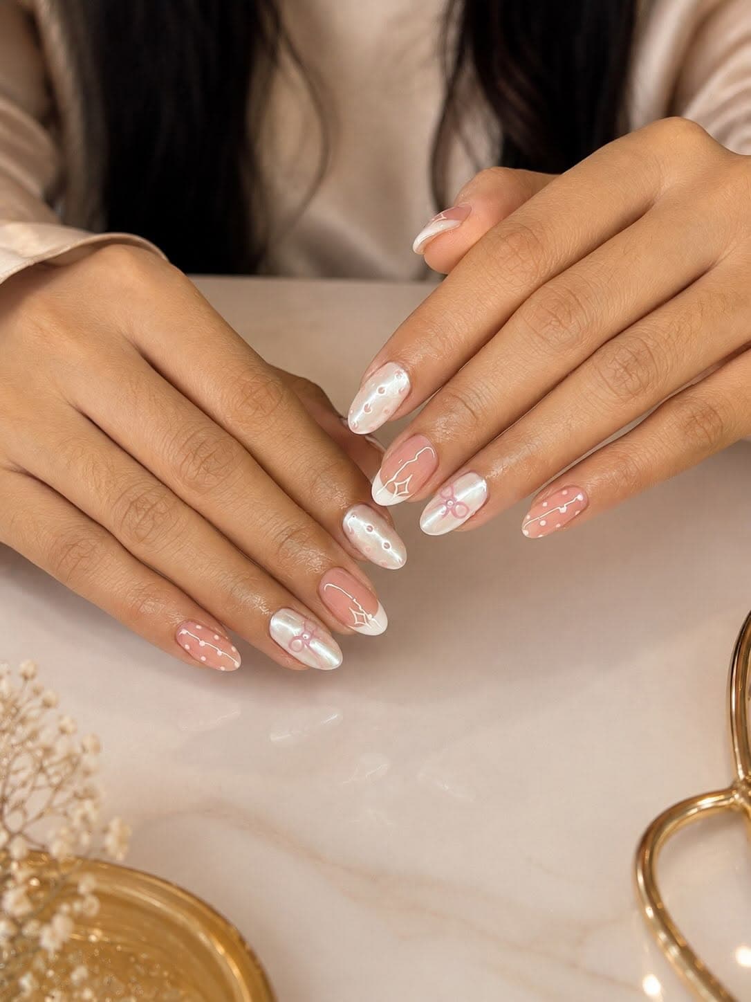 Pink and pearl nail art